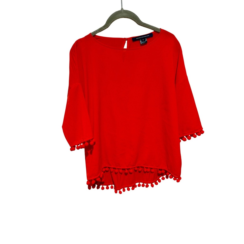 French Connection Red Pom Pom Trim Top Blouse 3/4 Sleeve‎ Women's